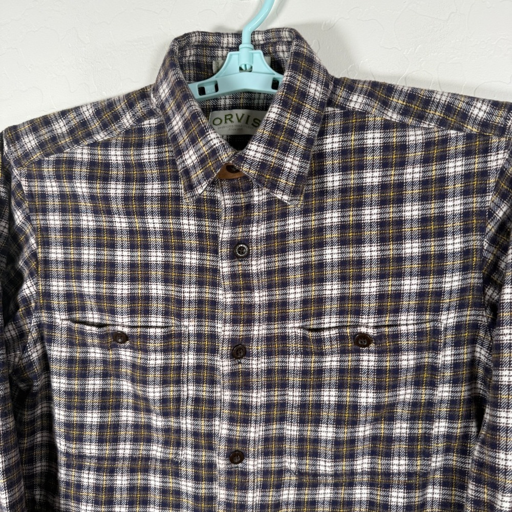 Orvis Shirt Mens Medium Blue Button Up Flannel Outdoor Camp Plaid Leather Trim